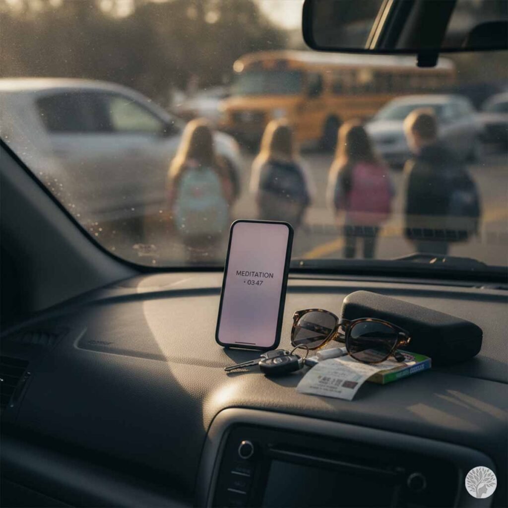 A smartphone displaying a meditation app timer rests on a car dashboard alongside sunglasses and keys, with a blurry background showing children with backpacks and a yellow school bus in a school pickup line.