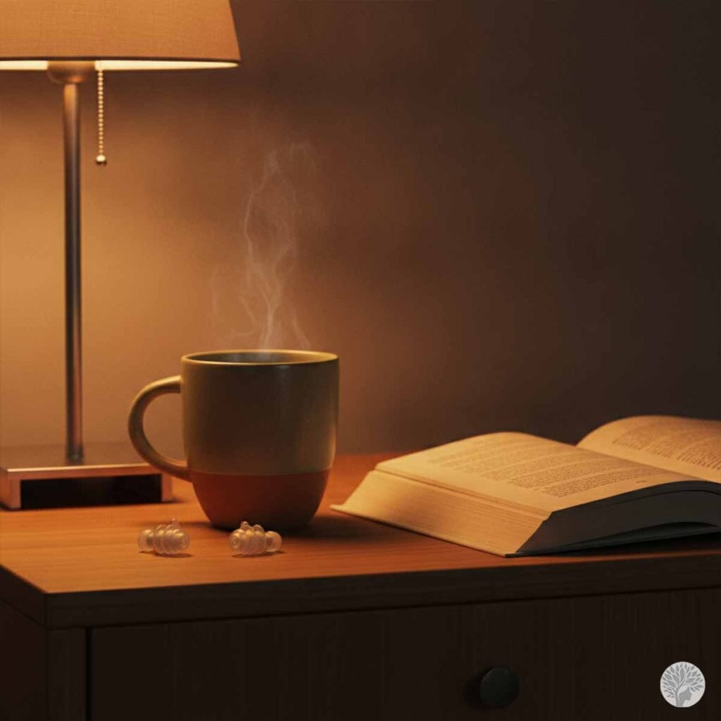 A pair of transparent high-fidelity earplugs sits on a wooden nightstand next to a steaming ceramic mug and an open book, illuminated by the warm glow of a bedside lamp.