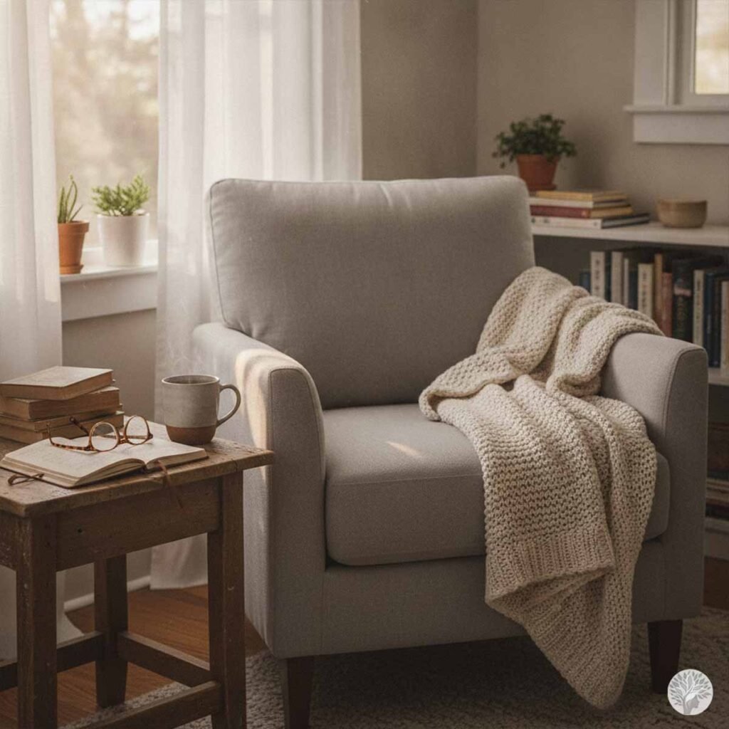 A cozy reading corner bathed in soft afternoon light, featuring a light gray armchair with a knitted cream blanket draped over it, a small wooden side table with an open book, glasses, a steaming mug, and a bookshelf in the background.