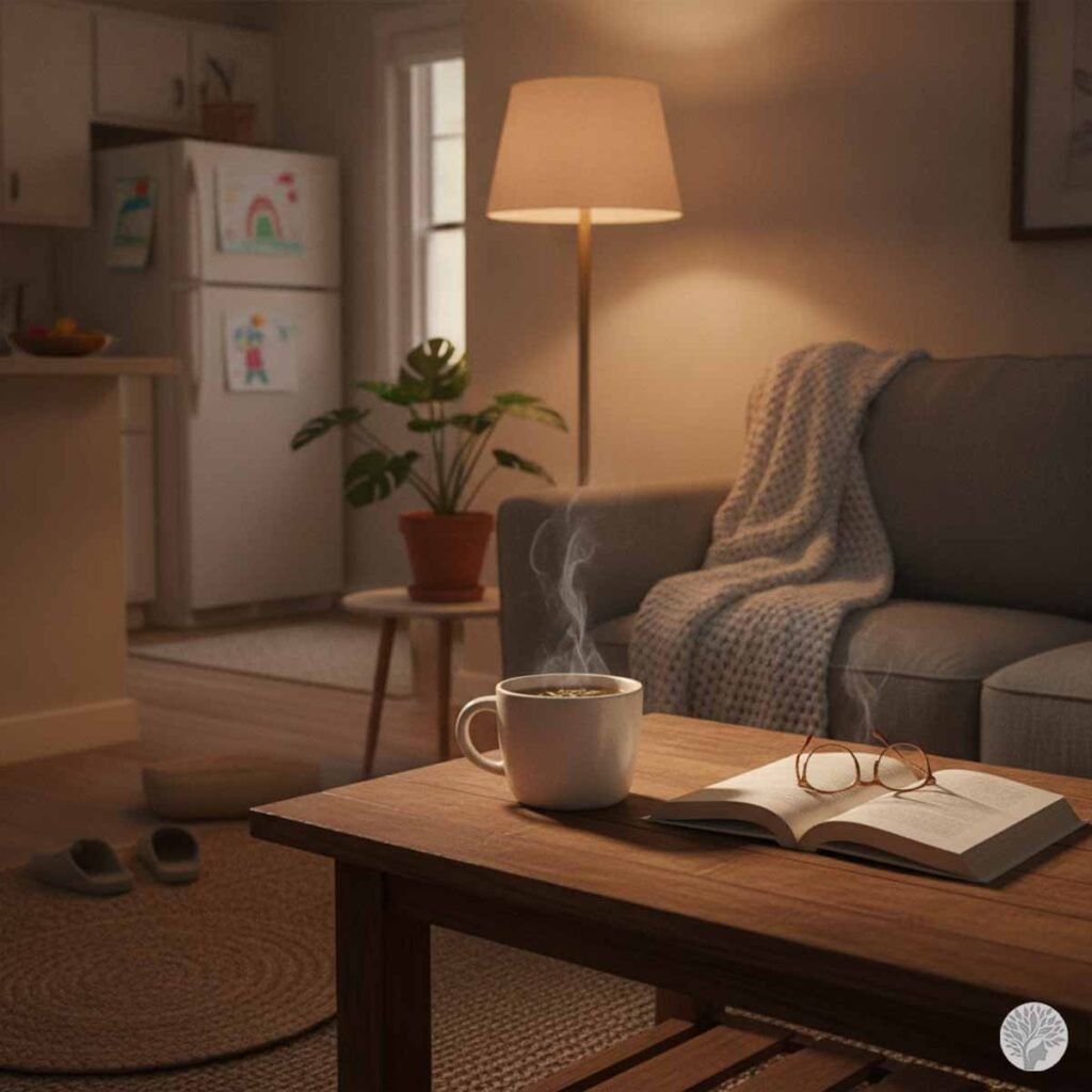 A steaming white ceramic mug and an open book with reading glasses rest on a wooden coffee table in a cozy living room with a grey sofa, a floor lamp, and a kitchen visible in the background.