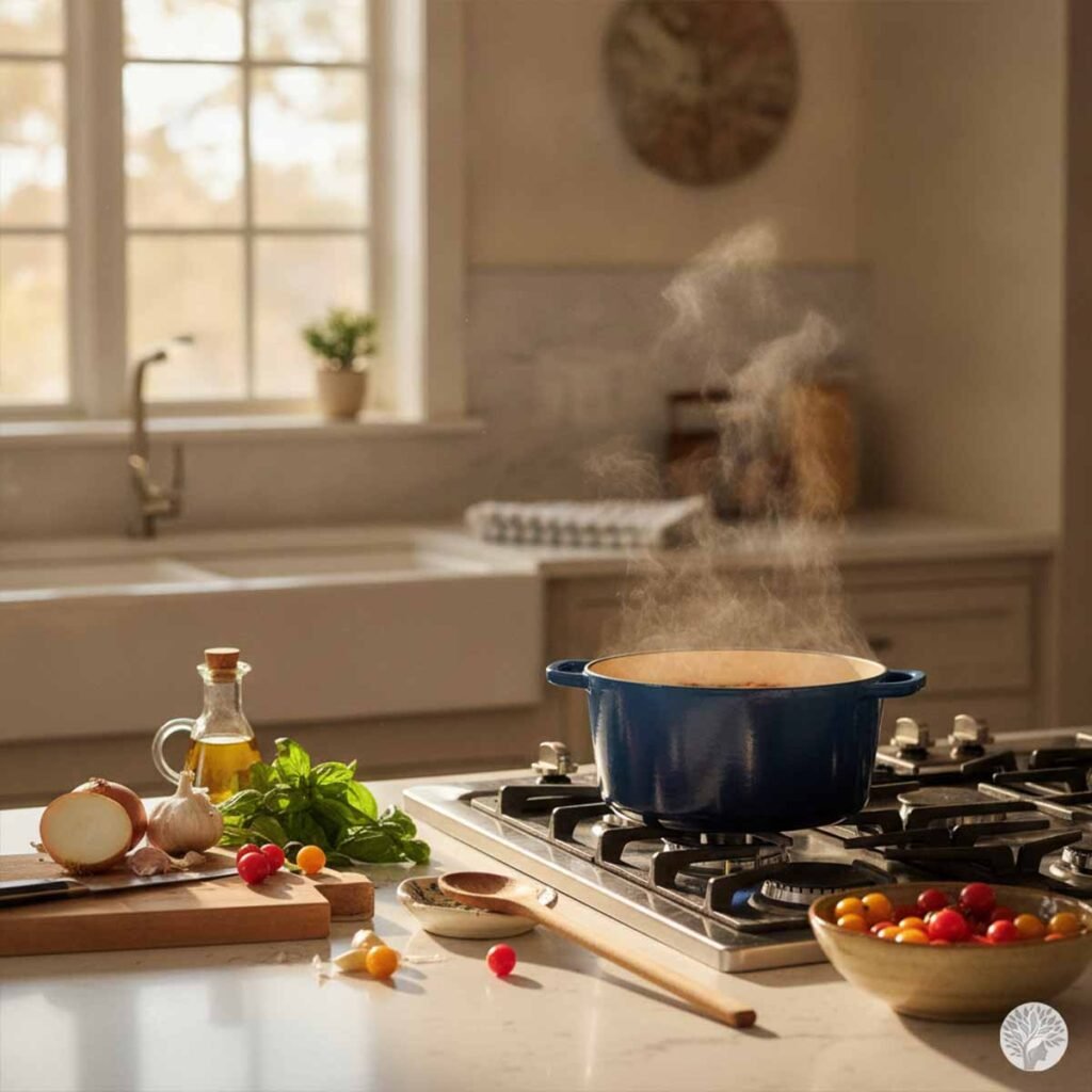A blue ceramic pot simmering and steaming on a gas stove in a bright kitchen, with fresh ingredients like tomatoes, onions, garlic, fresh basil, and olive oil arranged on the countertop nearby.