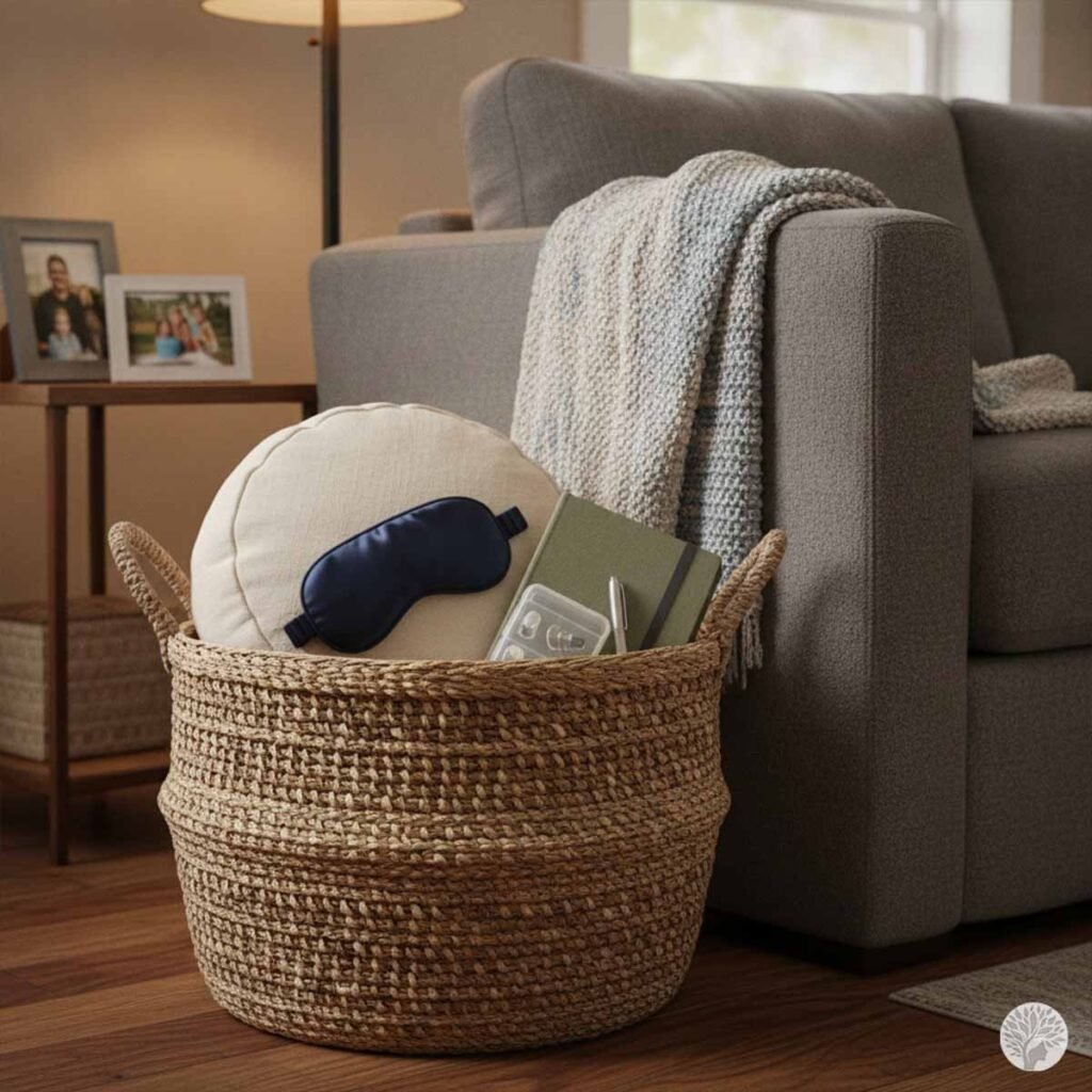 A woven storage basket sitting on a wooden floor next to a grey couch contains a round beige cushion, a navy blue satin eye mask, a green journal with a pen, and a small transparent case.
