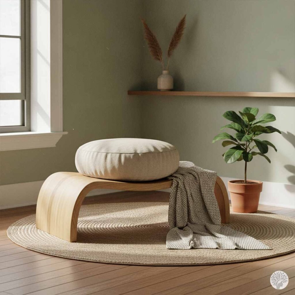 An ergonomic curved wooden meditation bench topped with a round cream-colored cushion, a textured knit blanket draped over the edge, resting on a round woven rug in a sunlit corner with a potted fiddle leaf fig plant.