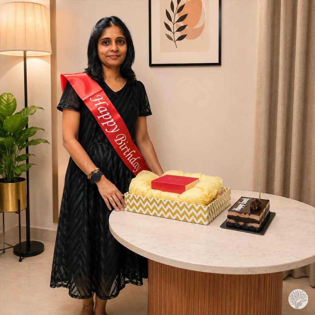 A woman wearing a black dress and a red "Happy Birthday" sash stands smiling next to a round marble table displaying a chocolate birthday cake and a yellow chevron-patterned gift box.