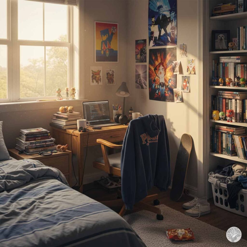 A lived-in teenager's bedroom filled with afternoon sunlight, featuring a wooden desk with an open laptop, a blue hoodie draped over a chair, posters on the wall, a skateboard, and books on a shelf.
