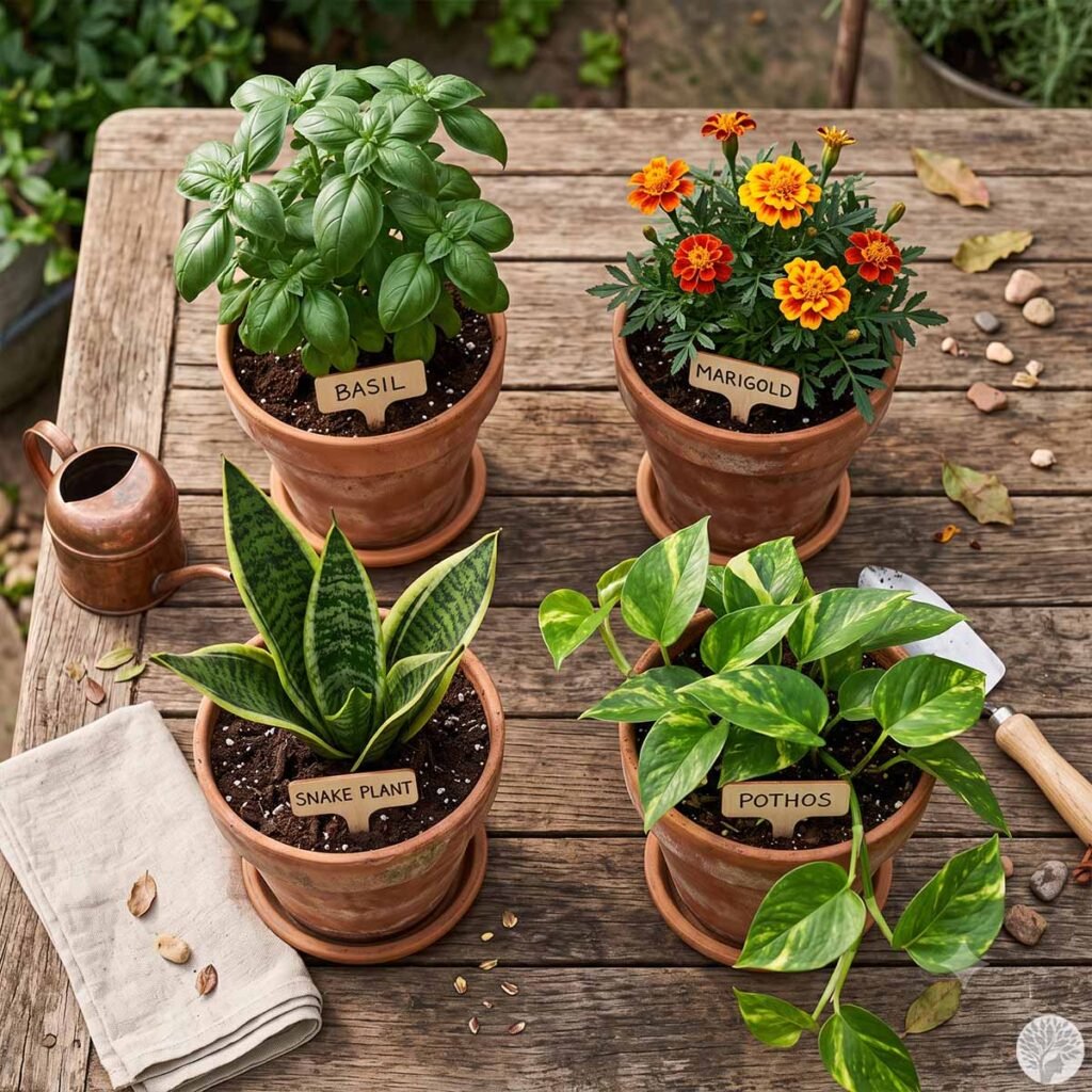 Four terracotta pots containing a basil plant, a orange marigold plant, a striped snake plant, and a trailing pothos plant are arranged on a rustic wooden table. Small wooden tags label each plant next to a copper watering can and a hand trowel.