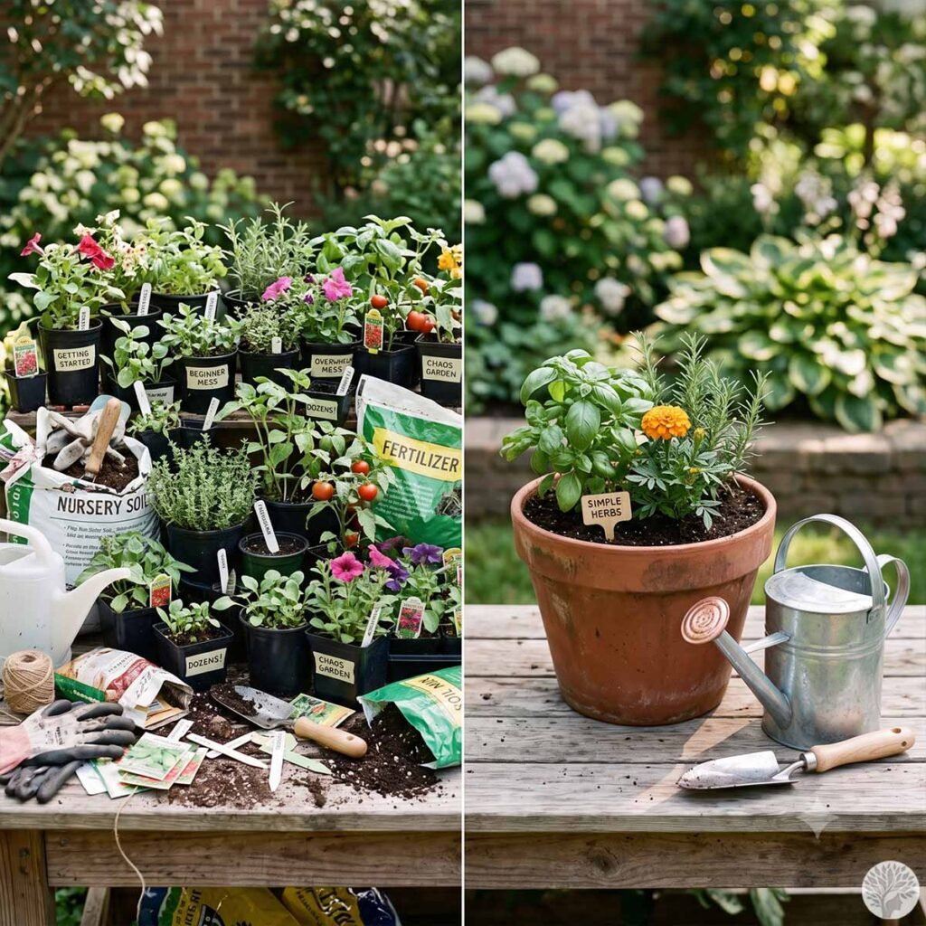 A side-by-side comparison image showcasing a stressful, cluttered gardening workspace versus a calm, intentional setup. The left side features an overwhelming messy table overflowing with dozens of small nursery pots labeled with chaotic text, bags of soil, and sprawling tools. The right side shows a peaceful, minimalist setup with a single large terracotta pot holding healthy basil, marigold, and rosemary, next to a neat metal watering can and a single clean hand trowel on a weathered wooden table.