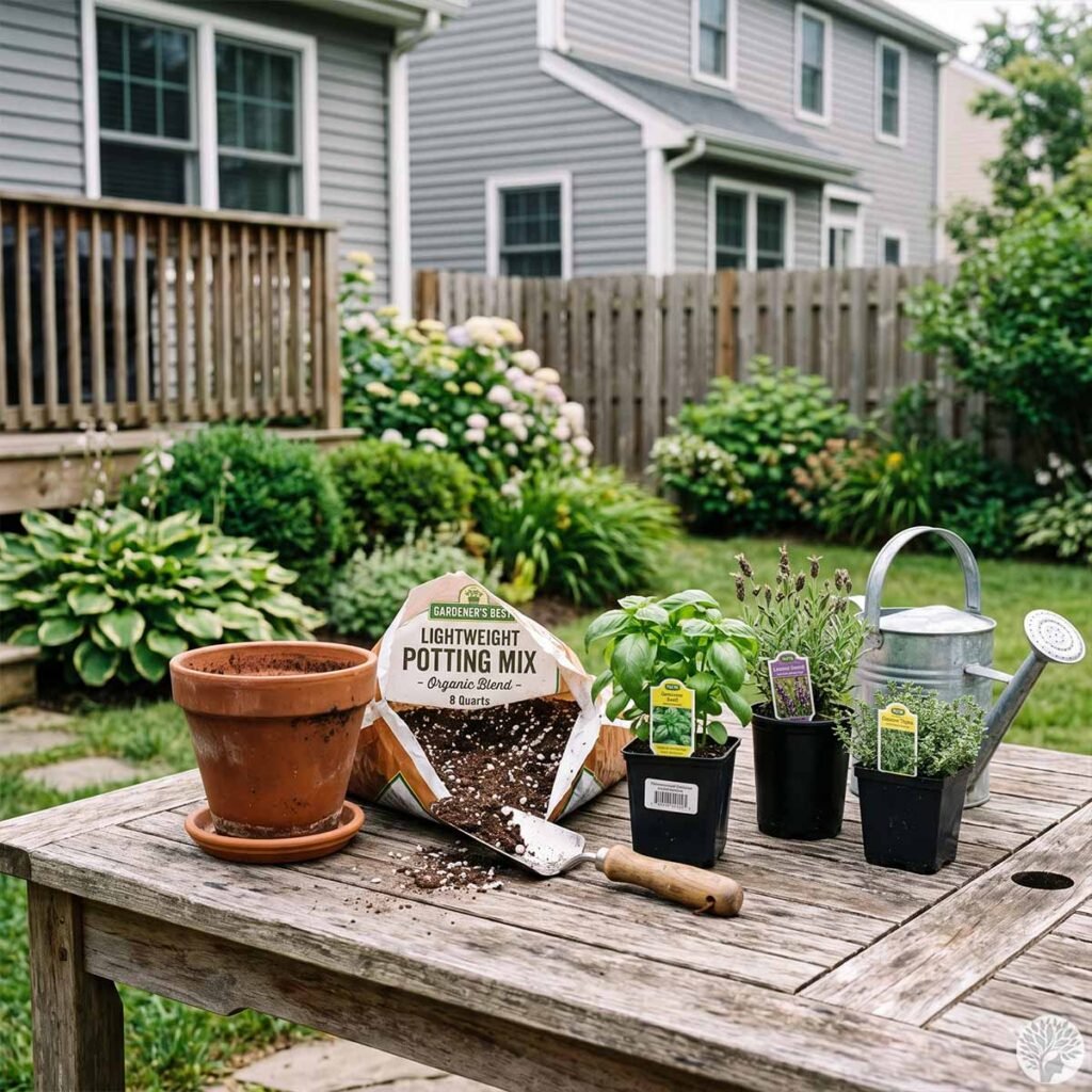 An empty terracotta pot, an open bag of lightweight potting mix with a hand trowel, three small herb starter plants in black pots, and a galvanized watering can sit on a wooden outdoor table in a green suburban backyard.