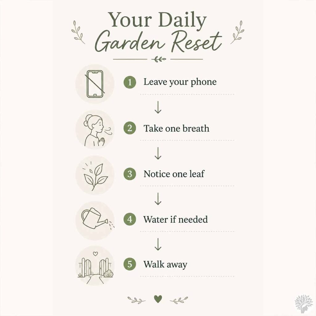 A vertical minimalist infographic titled "Your Daily Garden Reset" showing a 5-step routine with green line illustrations on a warm cream background. The steps are: Leave your phone, Take one breath, Notice one leaf, Water if needed, and Walk away.
