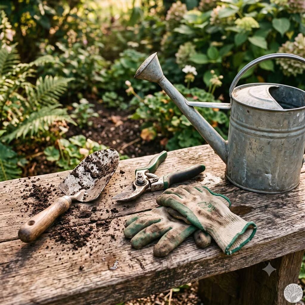 A dirt-dusted metal hand trowel with a wooden handle, a pair of sharp pruning shears, a pair of worn canvas gardening gloves, and a galvanized metal watering can rest on a rustic wooden bench. In the background, soft-focus green garden foliage and hydrangeas are bathed in natural light.