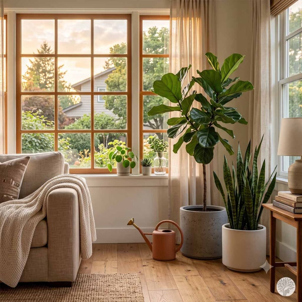 A peaceful home living room corner during evening golden hour, featuring a tall fiddle-leaf fig, a snake plant, and a modern terracotta watering can on the hardwood floor next to a cozy sofa with a textured knit throw blanket, all illuminated by soft twilight streaming through a large grid window.