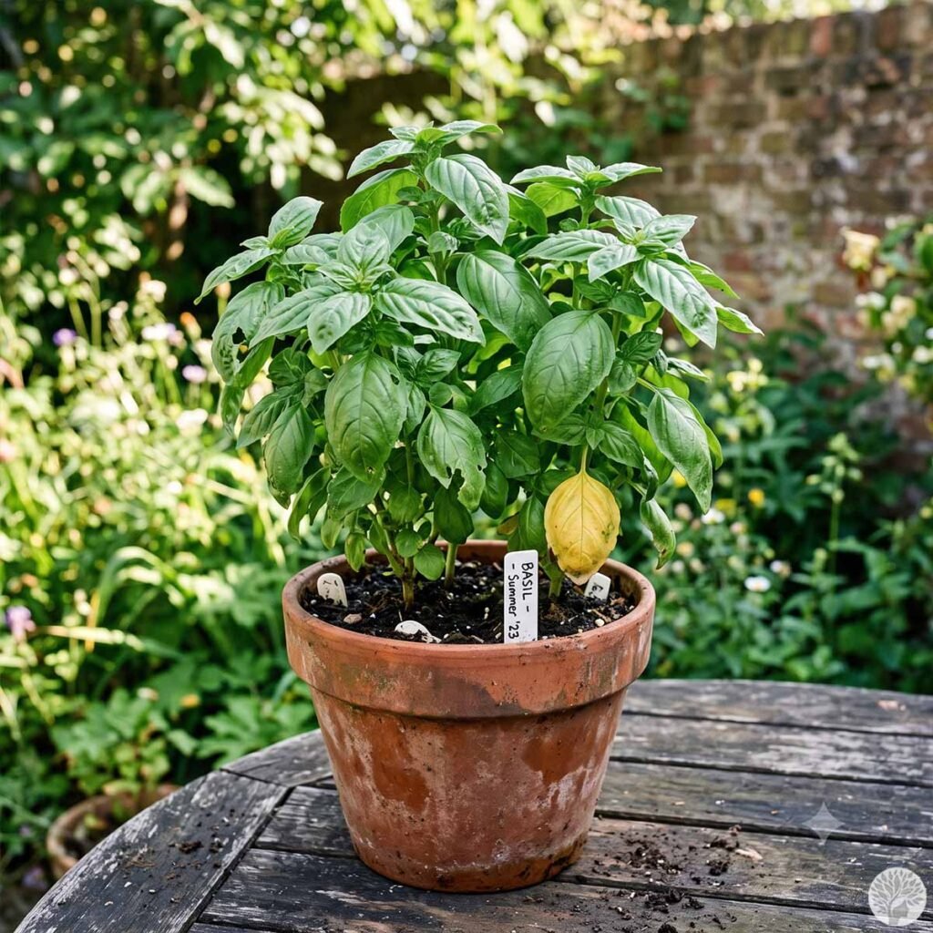 A potted basil plant with lush green leaves and one prominent yellow leaf sits on a dark wooden garden table. The plant is in an aged terracotta pot labeled with a small white stake, set against a soft-focus background of an outdoor garden and a brick wall.