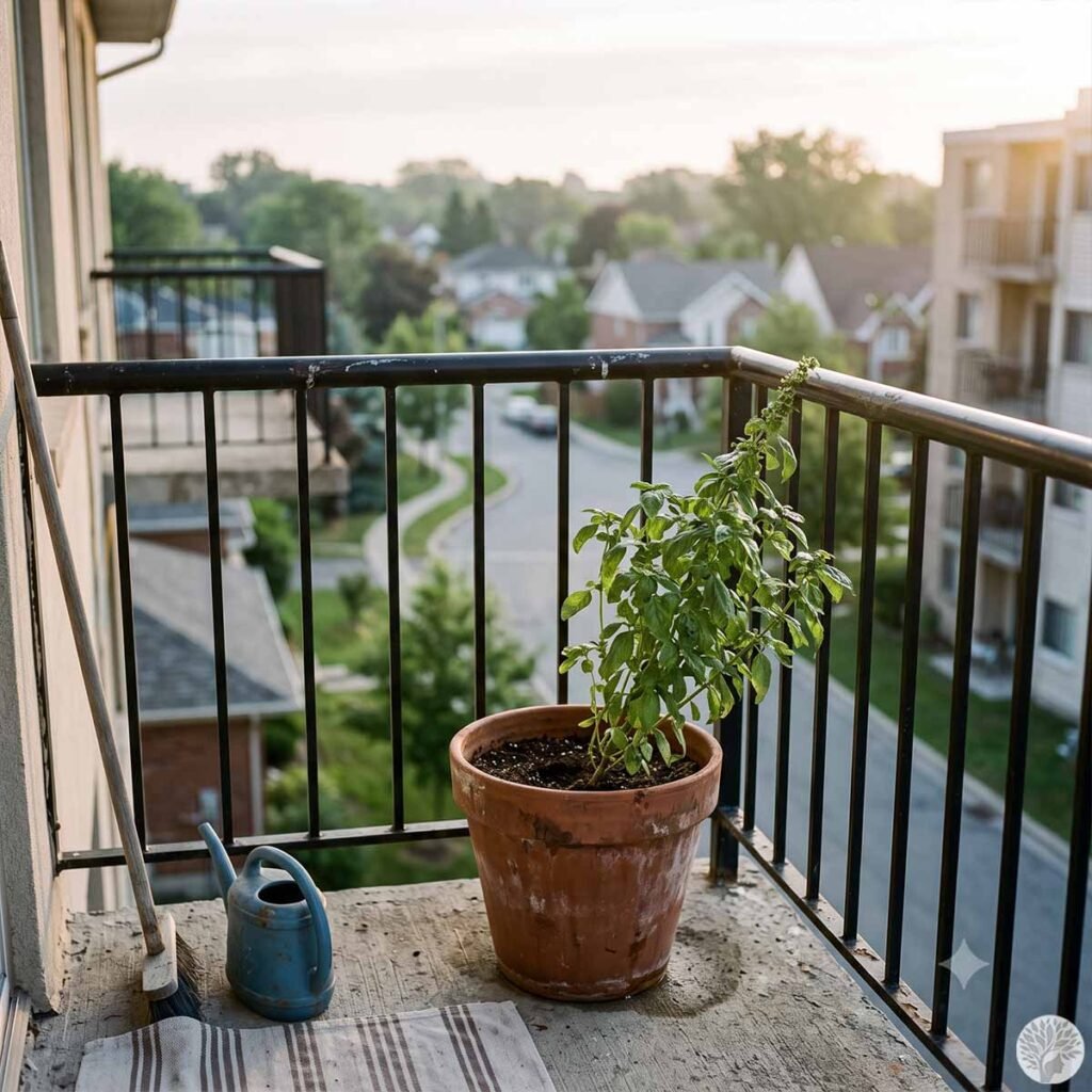 A single terracotta pot containing a tall green basil plant leaning toward the light stands on a concrete apartment balcony corner. Next to the pot sits a small, blue plastic watering can, a broom, and a striped mat, with a suburban neighborhood road visible below the black metal railing during sunset.
