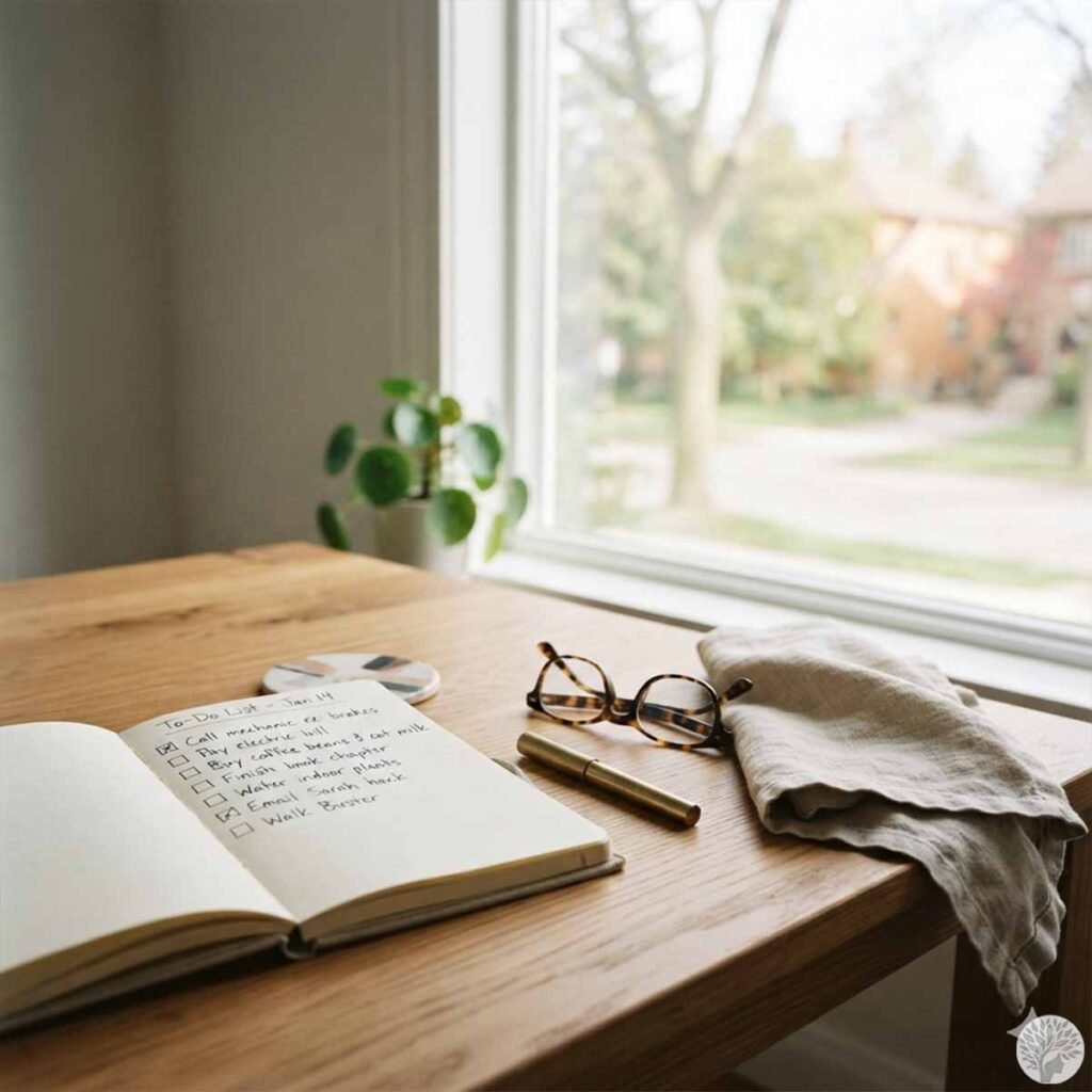 A simple paper journal showing a written to-do list alongside a pen, eyeglasses, and a linen wrap on a wooden table near a window with a small green plant.