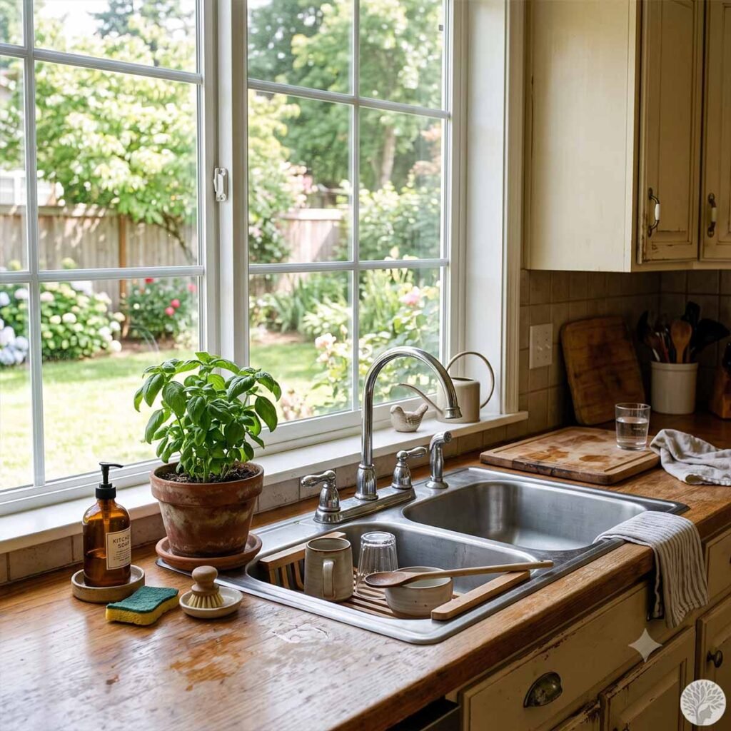A small terracotta pot holding a healthy green basil plant sits on a warm wooden kitchen counter next to a double stainless steel sink. Behind it, a large white-framed grid window looks out onto a sunlit, green suburban backyard garden.