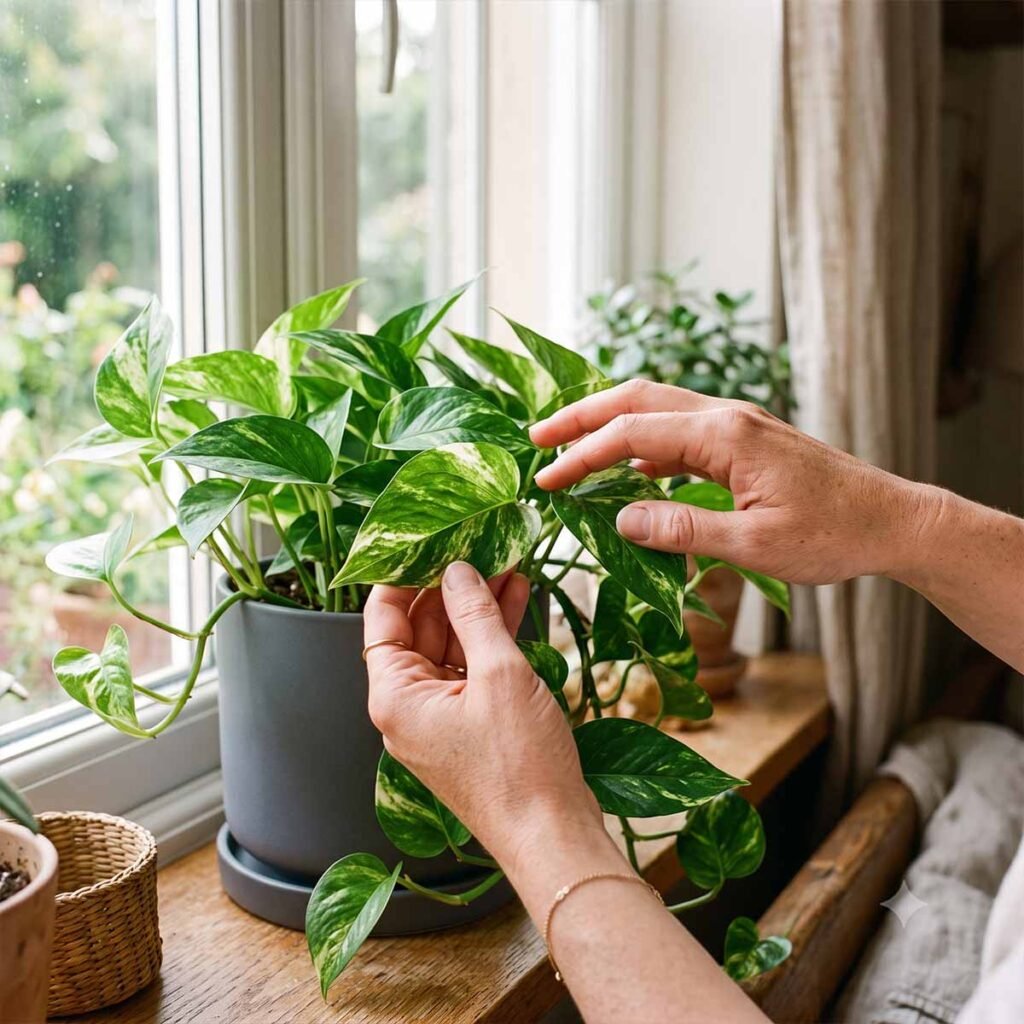 A close-up, authentic shot of a person's hands gently touching and inspecting the variegated green and gold leaves of a healthy pothos plant sitting in a grey ceramic pot on a wooden windowsill near a bright window.