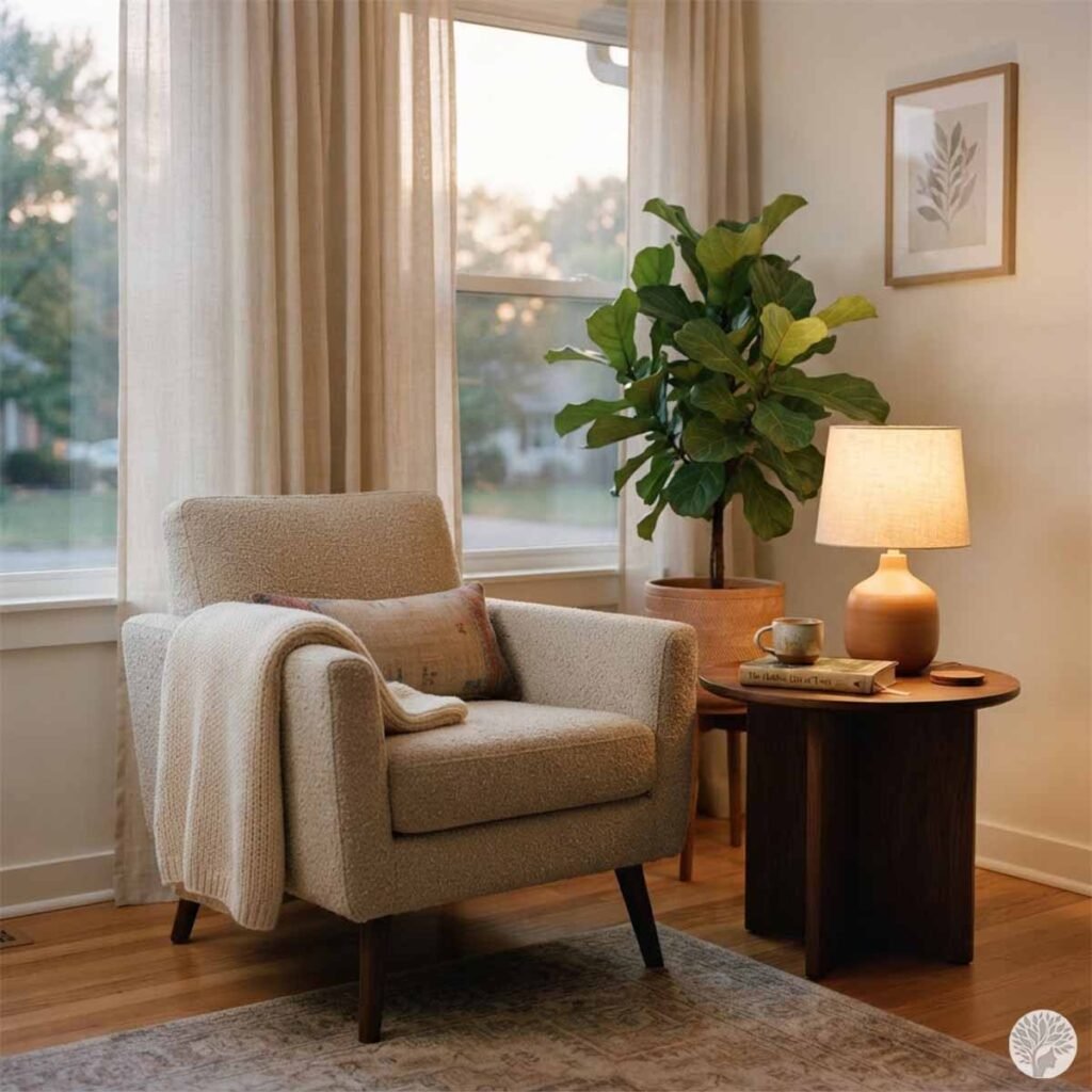 A cozy and inviting low-stakes meditation sanctuary featuring a textured cream armchair with a folded throw blanket, a dark wooden side table with a glowing lamp, and a large fiddle-leaf fig plant next to a window.