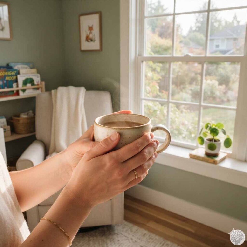 Close-up of a mother's hands holding a warm ceramic mug of tea in a cozy nursery corner, looking out a bright window with a small green plant on the sill.