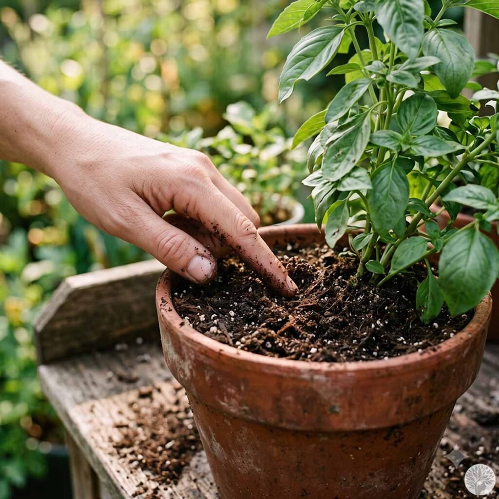 A close-up shot shows a person's bare index finger pressing an inch deep into the dark, damp soil of a terracotta pot containing a lush basil plant. The pot sits on a rustic wooden potting bench with a small amount of loose dirt scattered around it.