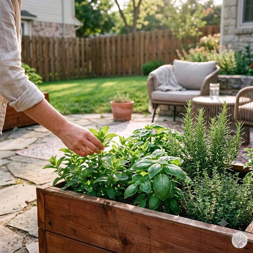 A close-up of a mindful mother's hand gently reaching to touch and brush fresh green mint leaves in a wooden raised herb garden bed on a sunlit backyard patio.