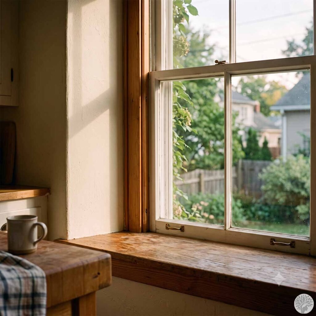 Soft morning sunlight streams onto an empty, wide wooden windowsill next to a kitchen counter with a ceramic coffee mug. Through the glass pane window, a green backyard with a wooden fence and neighboring houses is visible during a quiet morning pause.