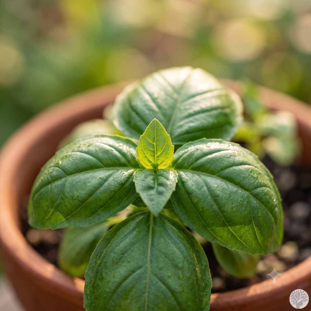 A close-up, top-down shot of a young, vibrant green basil plant growing in a terracotta pot. Soft morning sunlight highlights a tiny new leaf unfolding perfectly at the center of the plant.