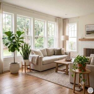 A bright, minimalist living room featuring large multi-pane windows, a cream-colored fabric sofa, oak hardwood floors, a tall fiddle-leaf fig tree, a snake plant on a wooden stand, and a trailing pothos plant on a small accent table.