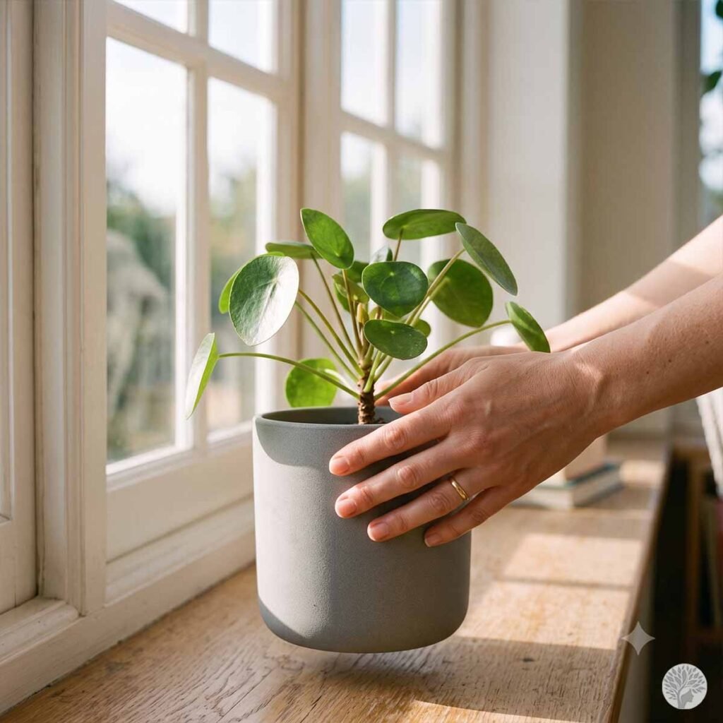 A close-up of a mindful mother's hands gently holding and adjusting a grey ceramic pot containing a healthy Chinese money plant on a wooden windowsill brightened by soft morning sunlight.