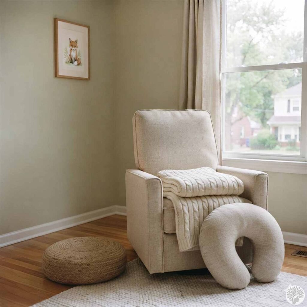 A cozy nursery corner featuring a cream glider chair, a matching nursing pillow on the floor, a textured knit throw blanket, and a round woven floor cushion in a sage green room.