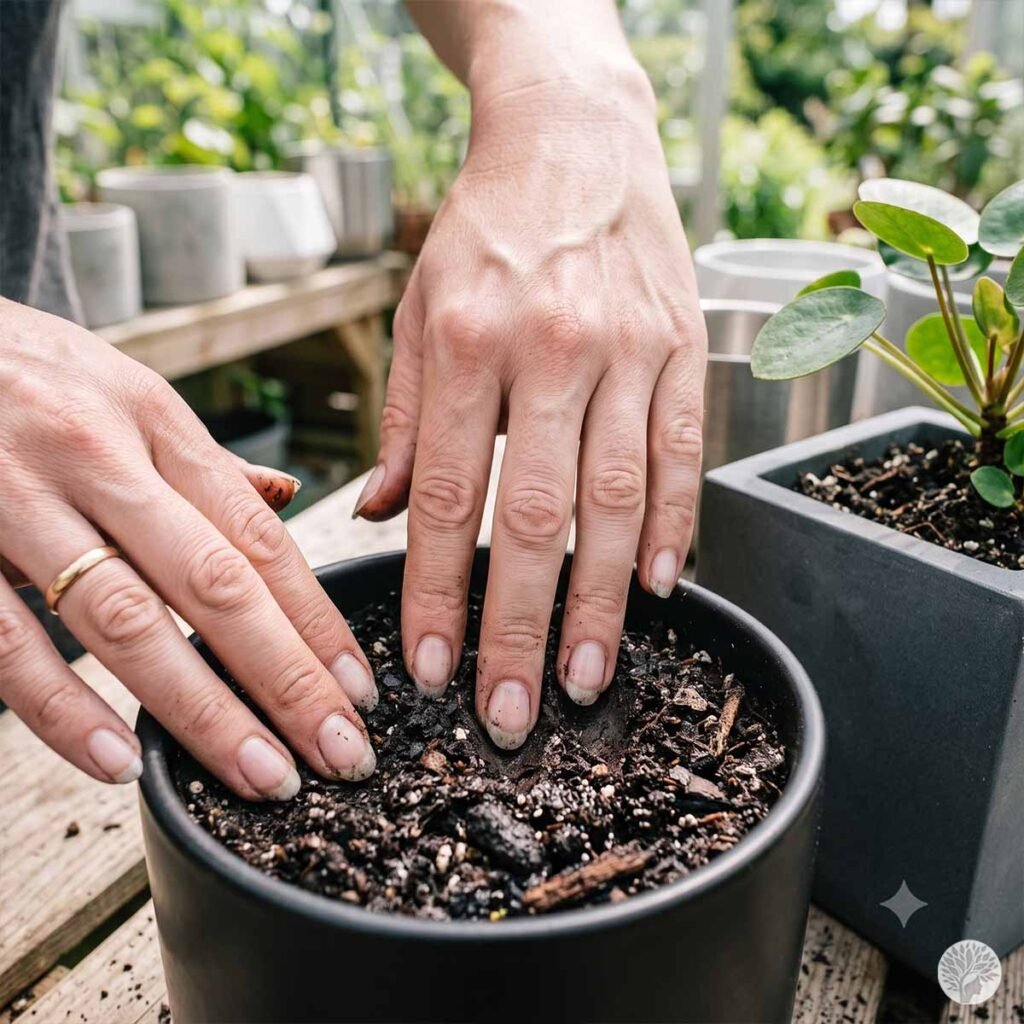 A close-up, detailed shot of a person's hands with slightly dirty fingers working with dark, moist soil inside a black ceramic planter pot on an outdoor wooden table.