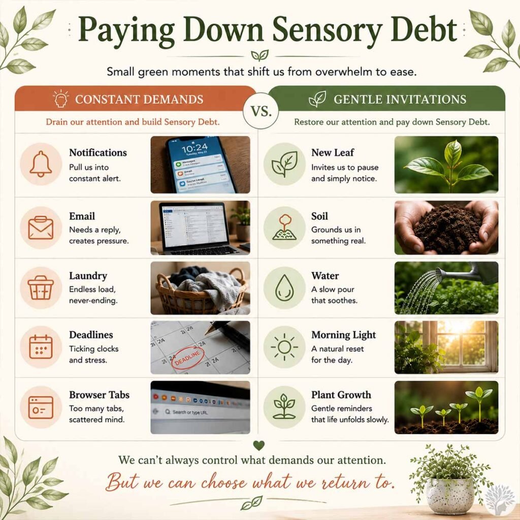 An educational infographic titled 'Paying Down Sensory Debt' that contrasts a column of 'Constant Demands' (notifications, email, laundry, deadlines, browser tabs) with a column of 'Gentle Invitations' (new leaf, soil, water, morning light, plant growth) to show how mindful plant care restores attention.
