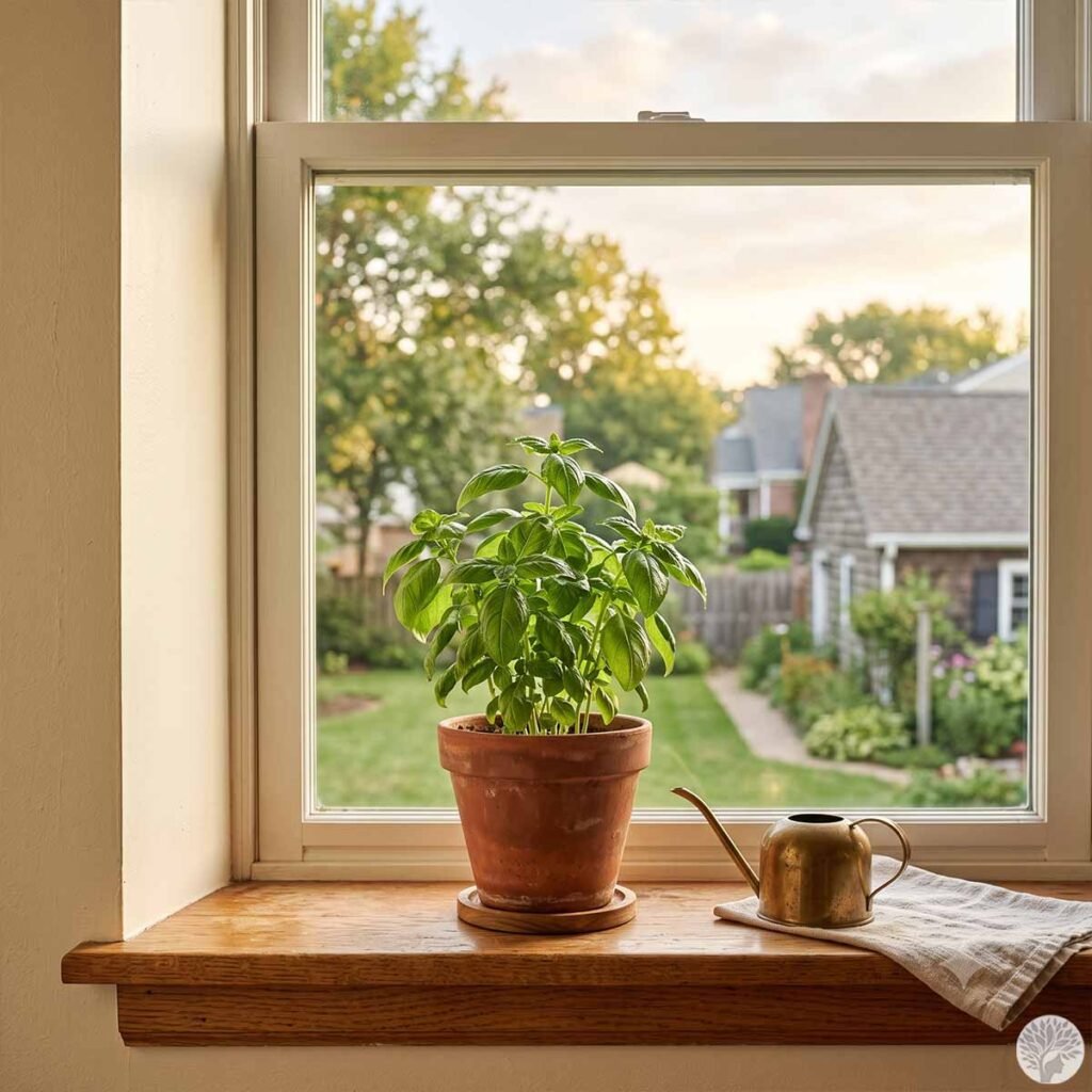 A lush green basil plant in a classic terracotta pot sits next to a small, elegant brass watering can on a wide wooden windowsill. Through the open glass pane window, a beautiful green backyard lawn with blooming garden borders and neighborhood houses is visible during a soft sunset.