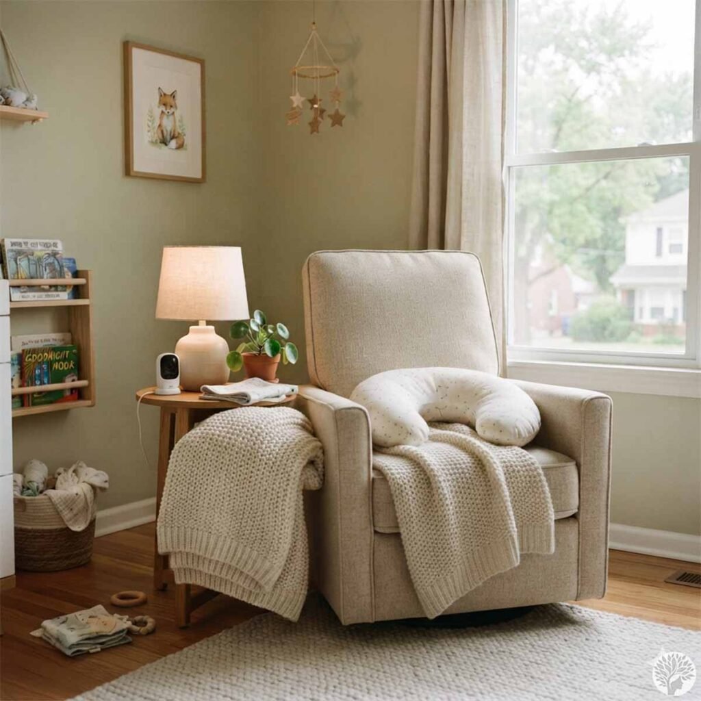 A realistic nursery meditation corner for new mothers featuring a beige glider chair with a nursing pillow, a baby monitor and lamp on the side table, and texturally rich knit blankets in a sage green room.