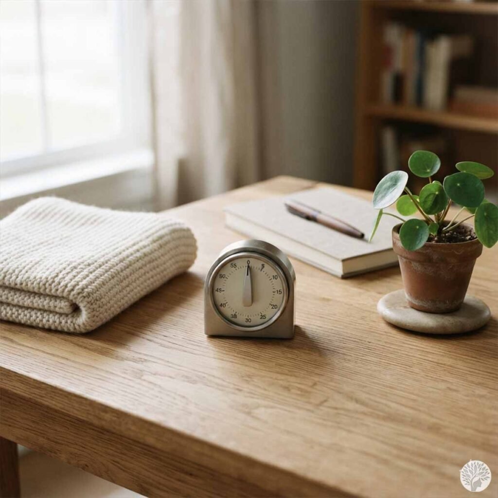 A screen-free five-minute meditation setup featuring a silver analog desk timer, a small potted plant, a notebook with a pen, and a folded knit blanket on a wooden table.