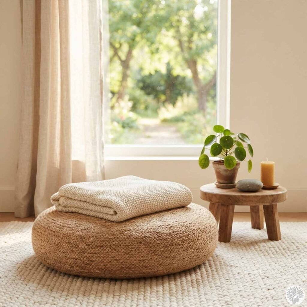A screen-free meditation space featuring a large woven floor pouf with a folded knit blanket, next to a small wooden stool holding a potted plant, a smooth stone, and a candle in front of a bright window.