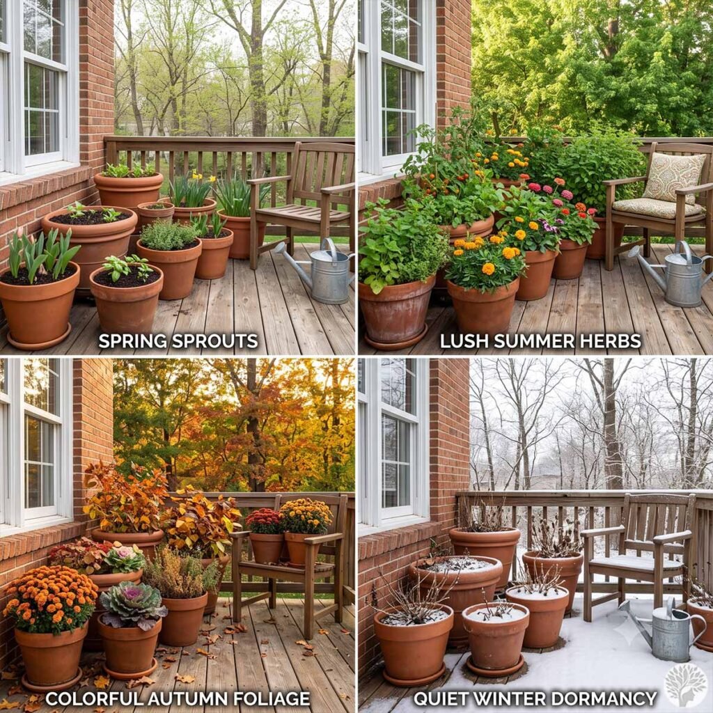 A four-quadrant seasonal collage showing the same brick condo balcony transforming across the year. The quadrants feature fresh green sprouts in spring, lush herbs and bright marigolds in summer, deep orange mums and autumn leaves, and quiet, snow-dusted terracotta pots during winter dormancy.