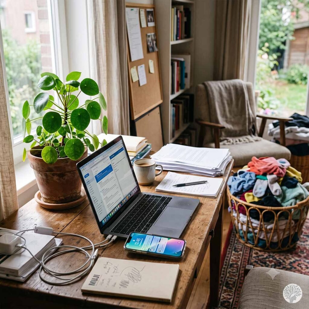 A cluttered home office workspace featuring an open laptop, a smartphone with lit notifications, disorganized stacks of paper, a coffee mug, tangled charging cables on a wooden desk, an overflowing laundry basket in the background, and a single green Pilea plant by the window.
