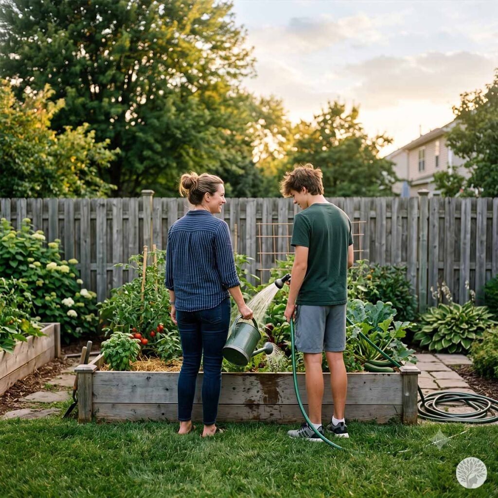 A candid photograph of a mindful mother and her teenage son standing side-by-side, smiling as they water a wooden raised vegetable garden patch together in a backyard on a sunny afternoon.