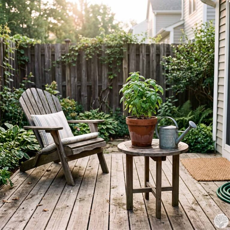 A lush potted basil plant in a terracotta pot sits next to a small metal watering can on a wooden side table. In the background, a weathered wooden Adirondack chair with a striped cushion rests on a backyard deck surrounded by green garden foliage at sunset.