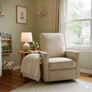 A cozy and minimalist nursery meditation corner featuring a comfortable cream rocking chair, a warm side lamp, a small potted indoor plant, and a knit blanket in a sage green room.