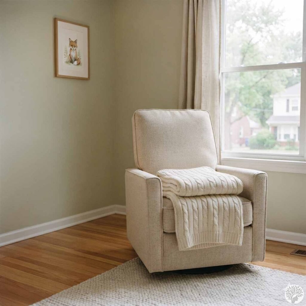 A simple, minimalist nursery corner featuring a comfortable cream rocking chair with a neatly folded cable knit blanket, positioned next to a window in a quiet sage green room.