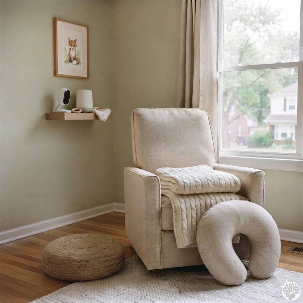 A quiet nursery meditation corner showing a cream glider chair with a nursing pillow, a round woven floor pouf, and a baby monitor alongside a sound machine on a floating wall shelf.