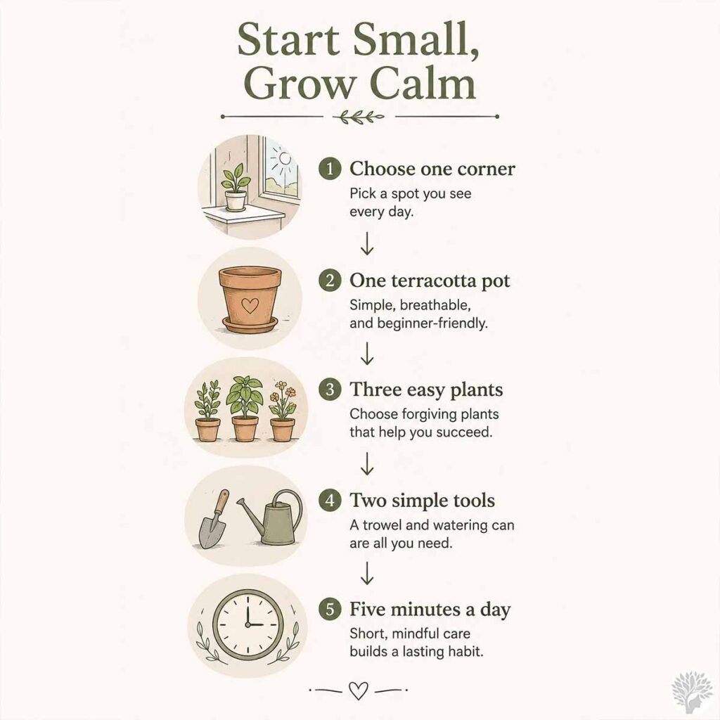 A vertical infographic titled "Start Small, Grow Calm" featuring five numbered steps with soft, colored line drawings. The steps include choosing one corner, selecting a terracotta pot, picking three easy plants, using two simple tools, and dedicating five minutes a day to mindful care.