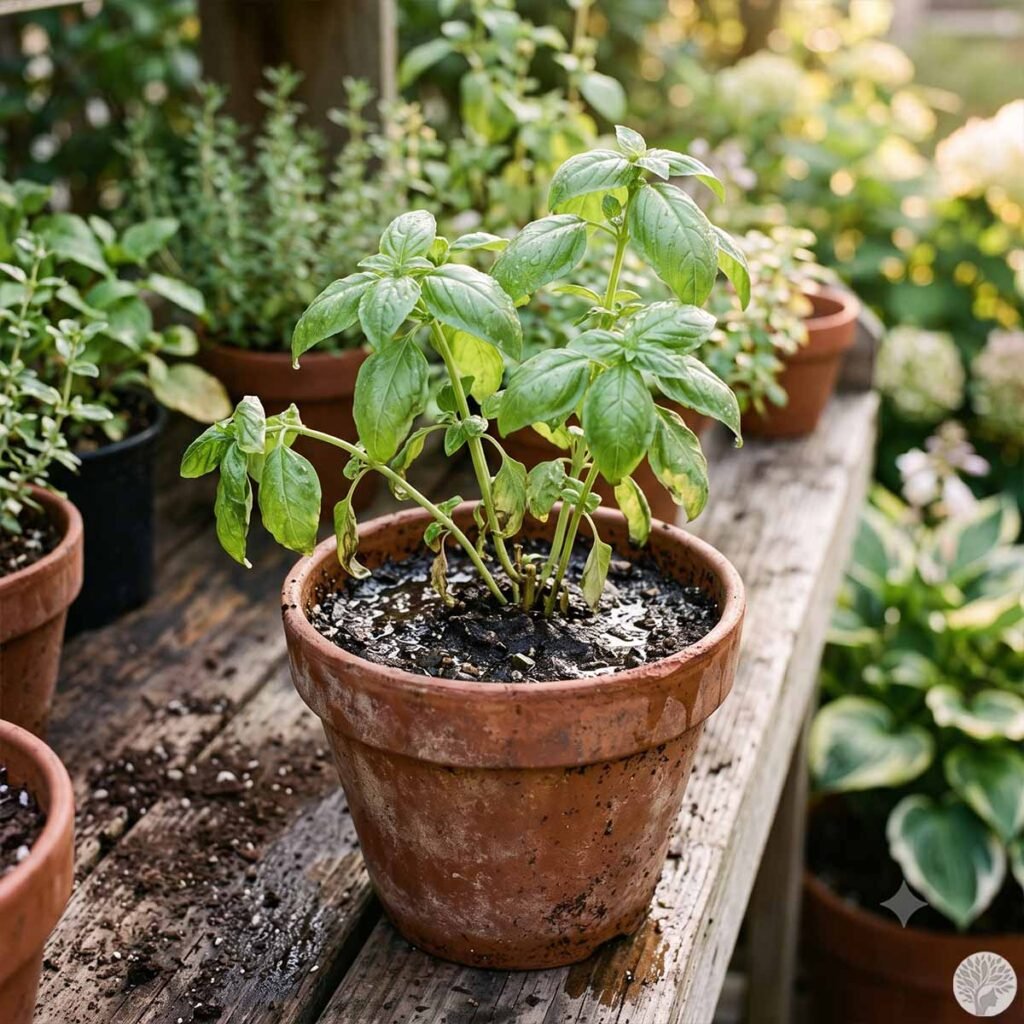 A slightly drooping basil plant in a weathered terracotta pot sits on a wet wooden garden bench. Freshly watered, damp dark soil fills the pot, surrounded by other potted herbs and soft-focus green garden foliage in the background.