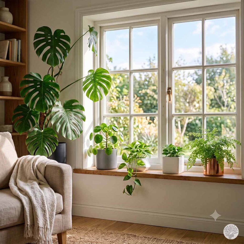 A collection of lush green houseplants, including a large potted monstera plant and smaller potted trailing greens, arranged beautifully on a wide wooden windowsill bathed in soft natural light next to a cozy armchair.