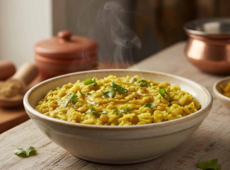 A steaming bowl of yellow Moong Dal Khichdi topped with fresh cilantro and a drizzle of ghee on a rustic wooden table.